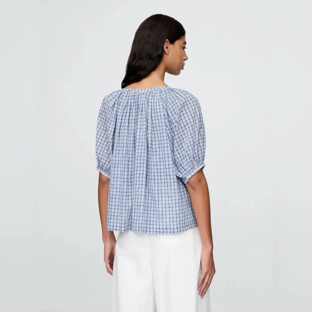 NWT Gap x DÔEN Gingham Puff Sleeve Cotton Blouse Blue Check Button Front Large - Picture 4 of 9